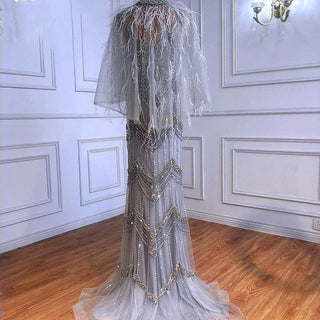 Ships in 1 to 3 Days - Nude Silver Mermaid V-Neck Sexy Evening Dress 2024 - Sleeveless Feathers Shawl Yarn Diamond Formal Gown