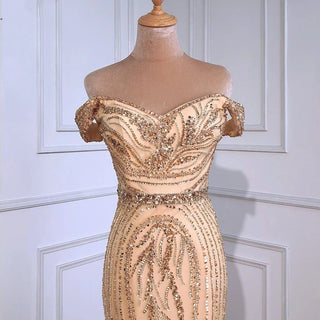 Gold Nude Mermaid Evening Dress - Sexy Off-Shoulder, Sparkly Diamond Embellishments, for 2024 Evening Events