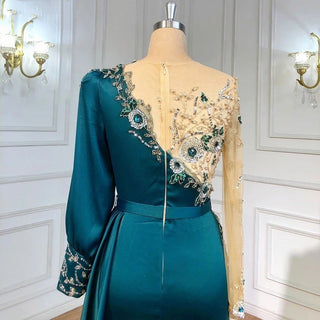 Ships in 1 to 3 Days - Luxury Dubai: Emerald Green Velvet Mermaid Evening Dress with Black Long Sleeves - Perfect for Arabic Women's Wedding Formal Attire