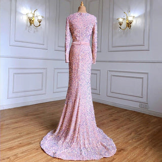 Pink Sequined Mermaid Muslim Evening Dress: Long Sleeve Luxury Elegant Formal Gown for Women's Wedding