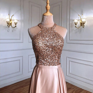 Golden Glamour: A-Line High Neck Sparkle Evening Dress with Tassel Beading