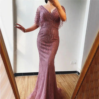 Champagne Dubai Luxury Half Sleeves Mermaid Evening Dress 2024 with Beading and Crystal Detailing