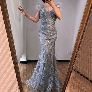 Nude Mermaid Elegant Evening Gown 2024 with Feather Beading - Luxury, Sexy, Perfect for Women's Parties