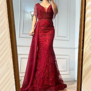 Burgundy Luxury Beaded Tassels Evening Gown 2024 Sexy V-Neck Sleeveless Formal Party Dress for Women