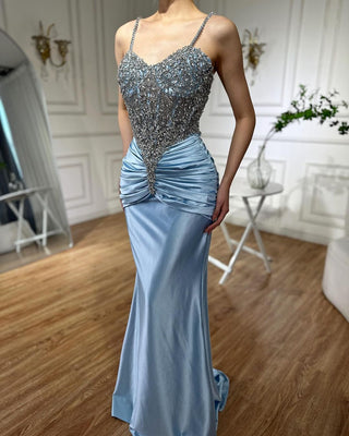 Ships in 1 to 3 Days - Luxury Spaghetti Strap Blue Evening Gown with Beaded Bodice and Ruched Detailing