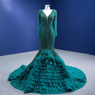 Elegant Green Mermaid Evening Dress with Beading, Pearls, and Ruffles