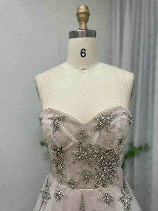 Ivory Crystal Rhinestone A-Line Birthday Party Gown - Luxury Strapless Open Back Arabic Tulle Evening Prom Dress