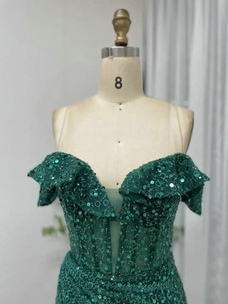 Exclusive Green Off-Shoulder Shiny Sequin Prom Dress - Sexy High Split Mermaid Evening Gown for Women’s Wedding Party 2024