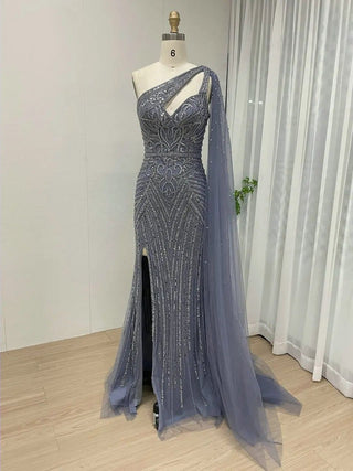 Ships in 1 to 3 Days - Sparkly Beaded Blue Mermaid Evening Gown with High Split and One Shoulder Cape Sleeve - Luxury Arabic Wedding Party Dress