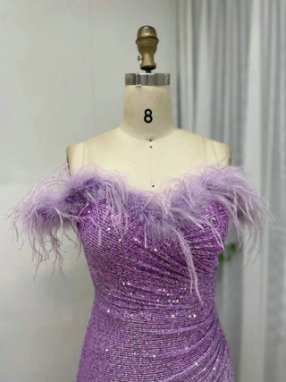 Purple Off-Shoulder Mermaid Evening Dress with Shiny Sequins and High Split - Arabic Formal Gown with Feathers for Wedding Parties