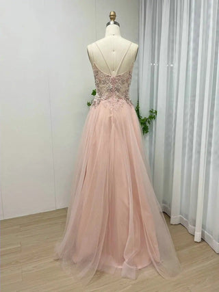 2024 Pink Beaded Lace A-Line Prom Dress with Spaghetti Straps - Stunning Tulle Birthday Gown for Women’s Parties