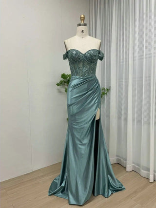 Ships in 1 to 3 Days - Simple Off-Shoulder Satin Prom Dress for Women - 2024 Stylish High Slit Mermaid Aqua Wedding Guest Gown with Boning