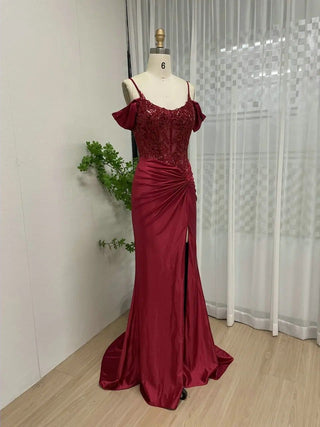 Ships in 1 to 3 Days - Wine Spaghetti Straps Sheath Bridesmaid Dress - Classic Off-Shoulder High Slit Beaded Evening Gown