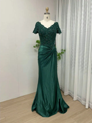 Ships in 1 to 3 Days - Luxury Beaded Lace Emerald Satin Prom Party Gown - 2024 New Arrival Modest V-Neck Short Sleeve Mother of the Bride Dress