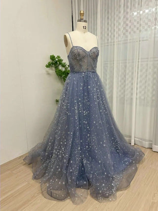 Ships in 1 to 3 Days - Exclusive Blue Sweetheart Neck Birthday Party Dress for Girls - Luxurious Beaded A-Line Tulle Illusion Evening Gown 2024