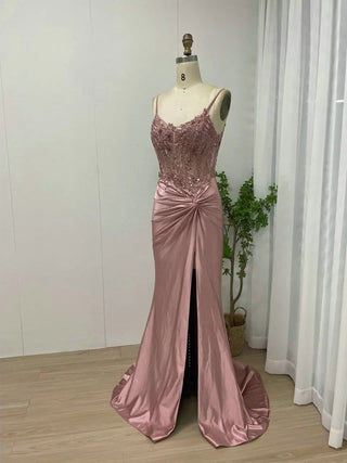 Ships in 1 to 3 Days - Pink Spaghetti Straps Beaded Appliqués Prom Dress - Sexy High Slit Mermaid Evening Gown for Women 2024