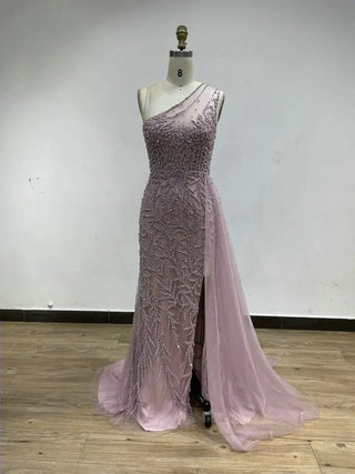 Ships in 1 to 3 Days - 2024 Pink Luxury Beaded One-Shoulder Evening Dress - Sexy High Slit Mermaid Floor Length Gown for Wedding Guests