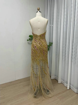 Ships in 1 to 3 Days - Exclusive Gold Slip High Slit Princess Gown for Girls - 2024 Beaded Mermaid Evening Party Dress for Special Events