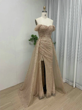 Ships in 1 to 3 Days - Stunning Gold Sequined High Split Mermaid Prom Dress - Off-Shoulder Evening Gown for Gala Special Events