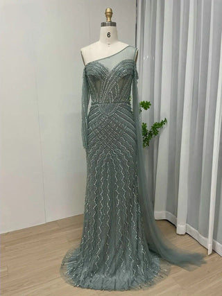 Dubai Green Luxury One-Shoulder Mermaid Evening Dress - Beaded Off-Shoulder Cape Sleeve Prom Gown for Wedding Guests