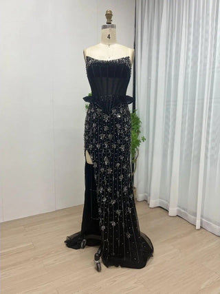 Gorgeous Black Strapless Beaded Mermaid Dress - Luxury Prom Gown with Slit and Boning for Girls’ Wedding Parties 2024