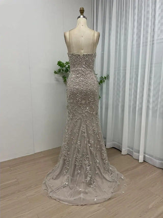 2024 Champagne Exclusive V-Neck Backless Mermaid Evening Gown - Stunning Beaded Prom Party Dress for Weddings