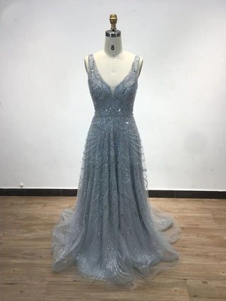 2024 Silver V-Neck Sleeveless Formal Occasion Dress - Stunning A-Line Beaded Evening Gown for Women