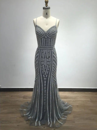 Ships in 1 to 3 Days - 2024 Vintage Silver Slip Evening Dress - Sweetheart Neck Mermaid Gown with Geometry Beading for Prom and Wedding Parties