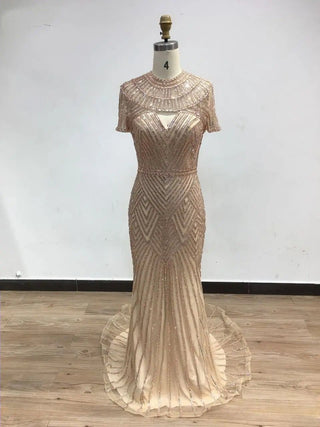 Ships in 1 to 3 Days - 2024 Haute Couture Gold Evening Gown - Scoop Neck Short Sleeves Mermaid Dress with Beading for Arabic Weddings and Celebrity Events