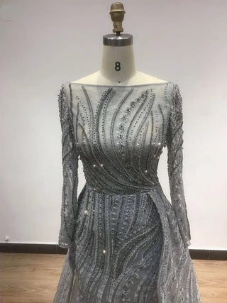 2024 Grey Elegant Long Sleeves Mermaid Evening Gown - Beaded Formal Dress for Women’s Parties in Dubai