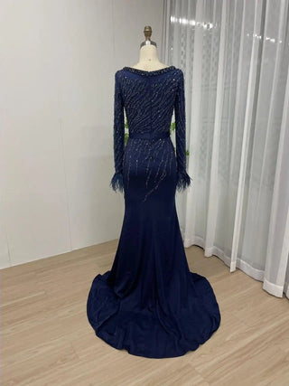 2024 Navy Long Sleeves Evening Gown - Stunning Beaded Dress with Feathers and High Split for Wedding Guests in Dubai