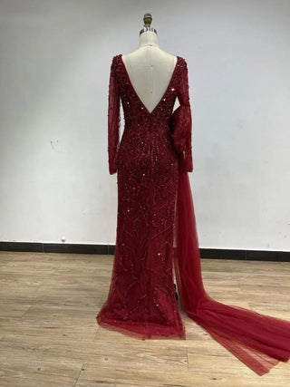 2024 Exclusive Wine V-Neck Long Sleeves Evening Ball Gown - Sexy High Split Mermaid Beaded Prom Dress for Weddings and Parties