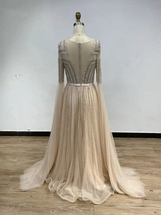 2024 Gorgeous Gold Cape Sleeves Beaded Evening Wedding Guest Dress - Arabic Luxury A-Line Tulle Prom Gown with Long Tail