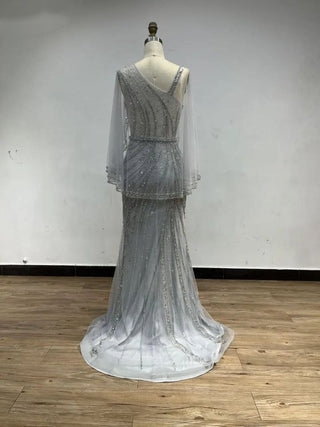 2024 Elegant Silver Beaded Evening Wedding Gown with Cape - Arabic Gorgeous Haute Couture Mermaid Dress for Formal Occasions