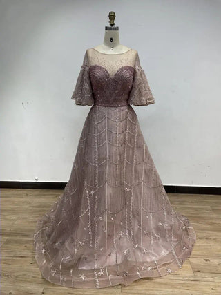 2024 Wine Half-Sleeves Beaded Evening Dress - Stunning A-Line Prom Gown for Arabic Wedding Guests and Special Events