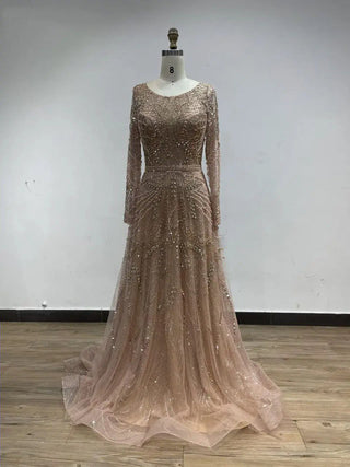 2024 Pink Elegant Long Sleeves Muslim Formal Party Gown - Sparkling Beaded A-Line Tulle Evening Dress for Wedding Guests in Dubai