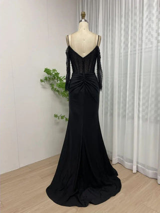 2024 Sexy Black High Slit Mermaid Evening Dress - Elegant Off-Shoulder Pleated Gown with Crystal Detailing for Prom and Graduation