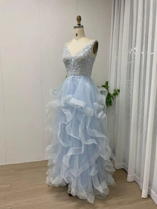 2024 Light Blue V-Neck A-Line Wedding Party Dress - Gorgeous Arabic Luxury Lace Appliqué Tulle Evening Ball Gown for Women