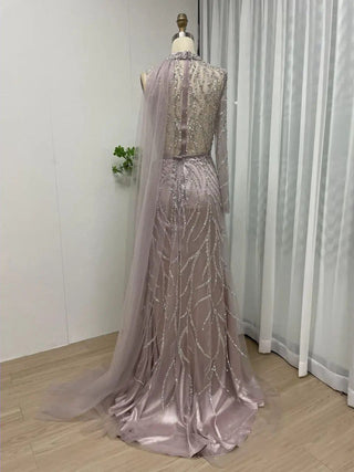 2024 Elegant Pink Cape Sleeves Evening Ball Gown - Luxury High Split Mermaid Dress with Overskirt and Beaded Detailing for Prom Parties