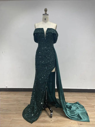 2024 Blue Strapless Mermaid Evening Gown - Gorgeous High Slit Sequined Dress for Women’s Prom and Parties