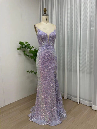 2024 Lavender V-Neck Slip Evening Dress - Stunning Mermaid Gown with Beaded Tulle for Women’s Weddings and Parties