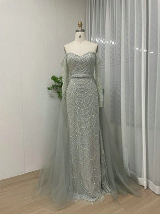 Dubai Luxury Beaded Off-Shoulder Mermaid Evening Dress - Arabic Elegant Strapless Long Sleeves Gown for Weddings and Prom