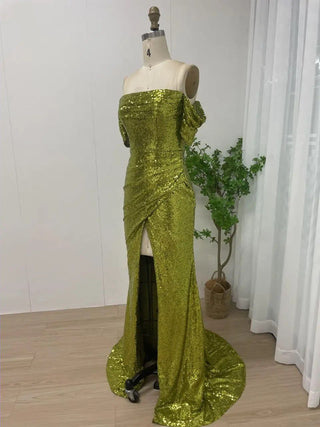 2024 Green Mermaid Off-Shoulder Evening Gown - Sparkling Sequined High Split Dress for Wedding Guests and Parties