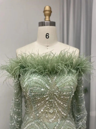 2024 Green Luxury Mermaid Evening Gown - Beaded Feathers Princess Dress with Cape Sleeves for Weddings and Parties in Dubai