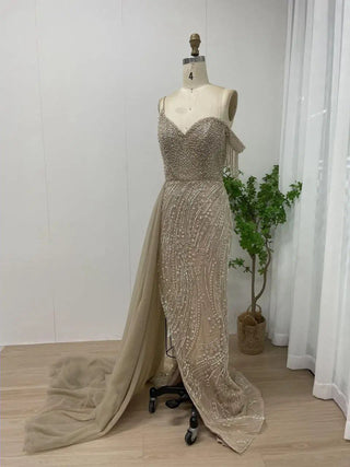 Ships in 1 to 3 Days - 2024 Gold Mermaid Evening Dress - Gorgeous High Split Beaded Wedding Party Gown with Off-Shoulder Tassels for Women