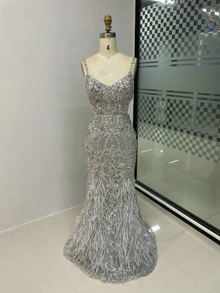 Ships in 1 to 3 Days - 2024 Silver Mermaid Evening Gown - Crystal Beaded Sleeveless Dress with Spaghetti Straps for Wedding Guests