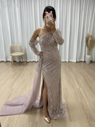 Ships in 1 to 3 Days -  2024 Luxury One-Shoulder Overskirt Evening Gown - Sparkly Sequin Mermaid Dress with High Split and Long Tail