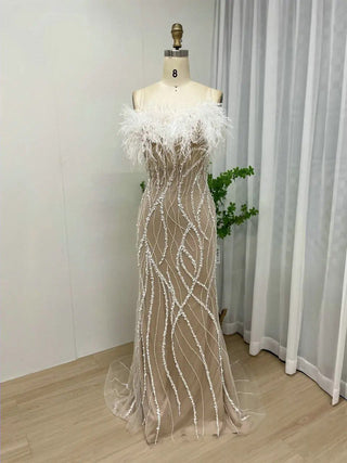 Ships in 1 to 3 Days - 2024 Classic Ivory Strapless Feather Mermaid Dress - Fitted Sequin Evening Gown with Train for Wedding Parties