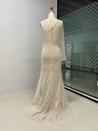 Ships in 1 to 3 Days - 2024 White One-Shoulder Mermaid Evening Gown - Sexy High Split Beaded Dress for Parties and Weddings