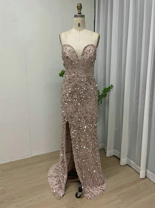 Ships in 1 to 3 Days - 2024 Green Luxurious Evening Gown - Beaded Spaghetti Straps High Split Mermaid Dress with Sweetheart Neckline for Brides and Parties